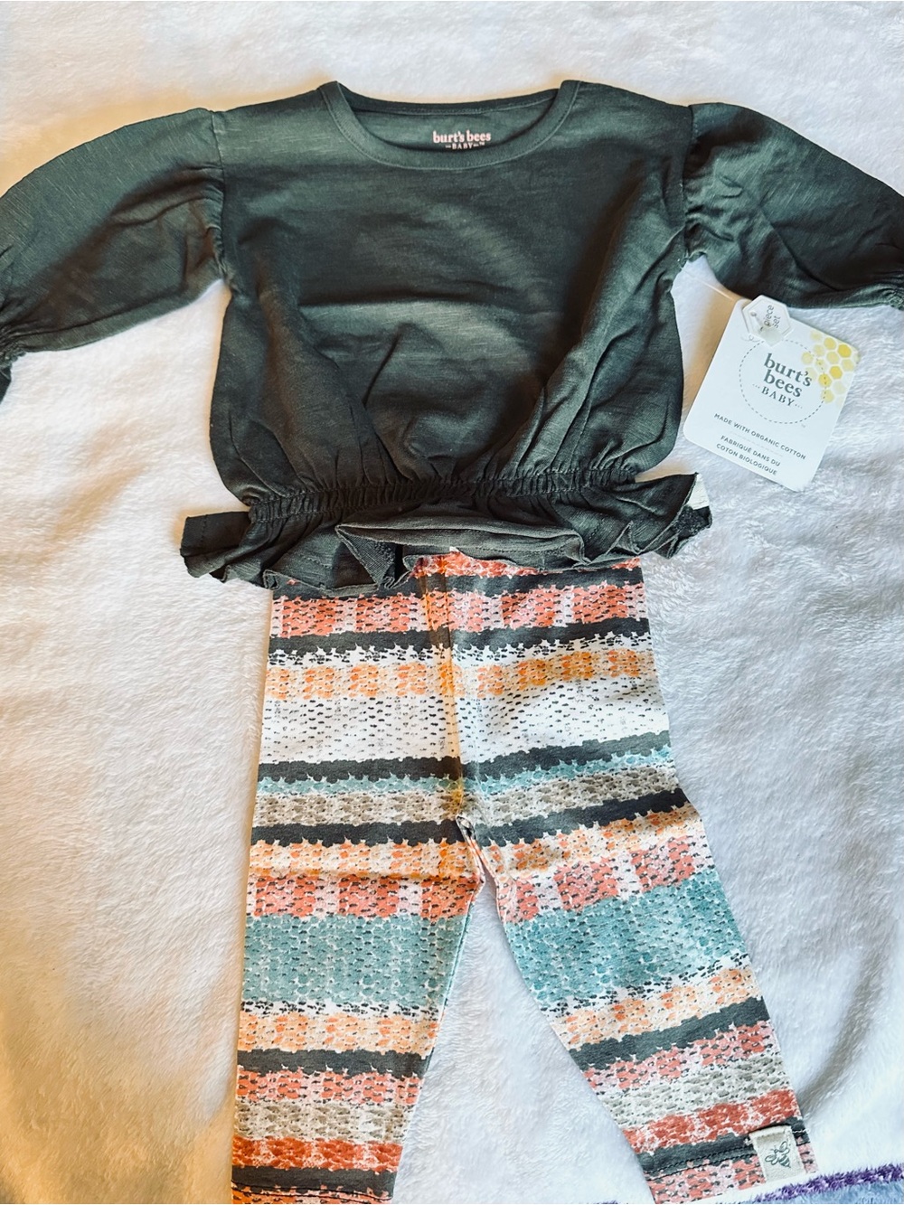 Burt's Bees Green Top with Coral, Teal & Cream Striped Leggings